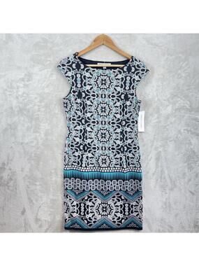Maggy London Border Print Sheath Dress Size 8 Black Sea Lined Office Siren NWT